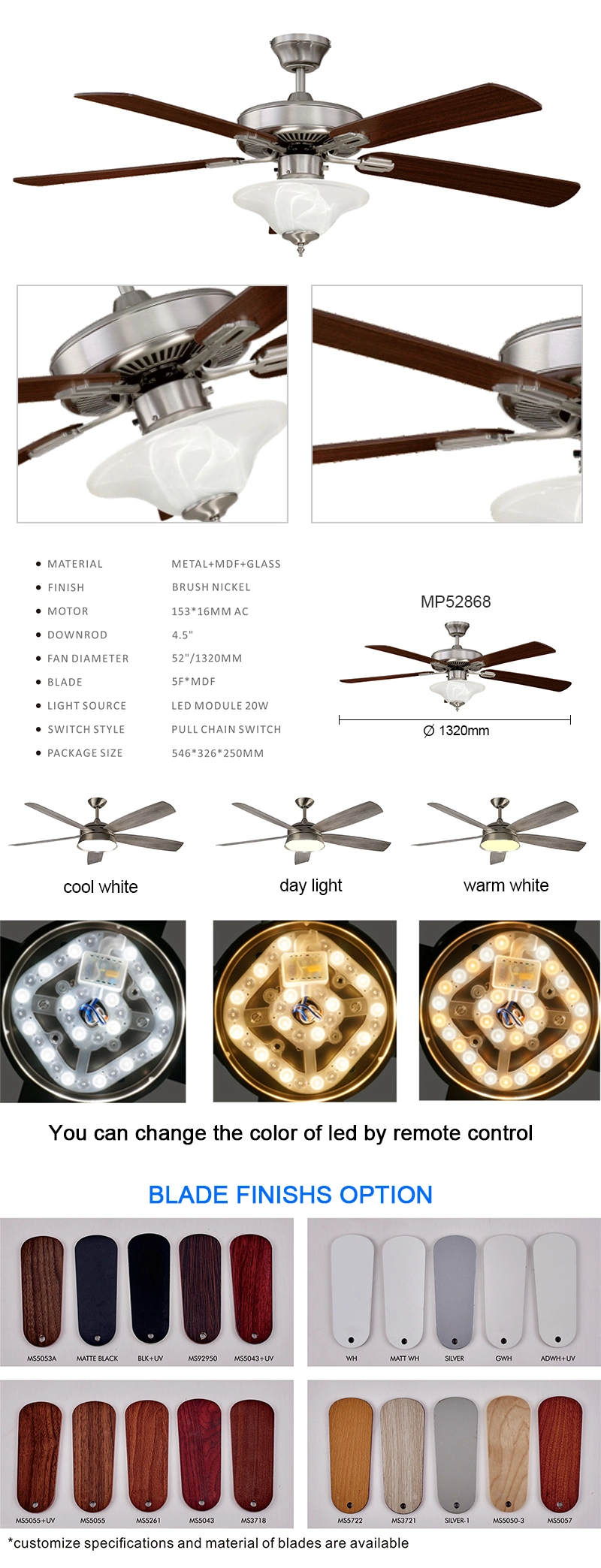 52 Inch Silent Ceiling Fan Remote Control with Wooden Blades Ceiling Fan and Crystal Light