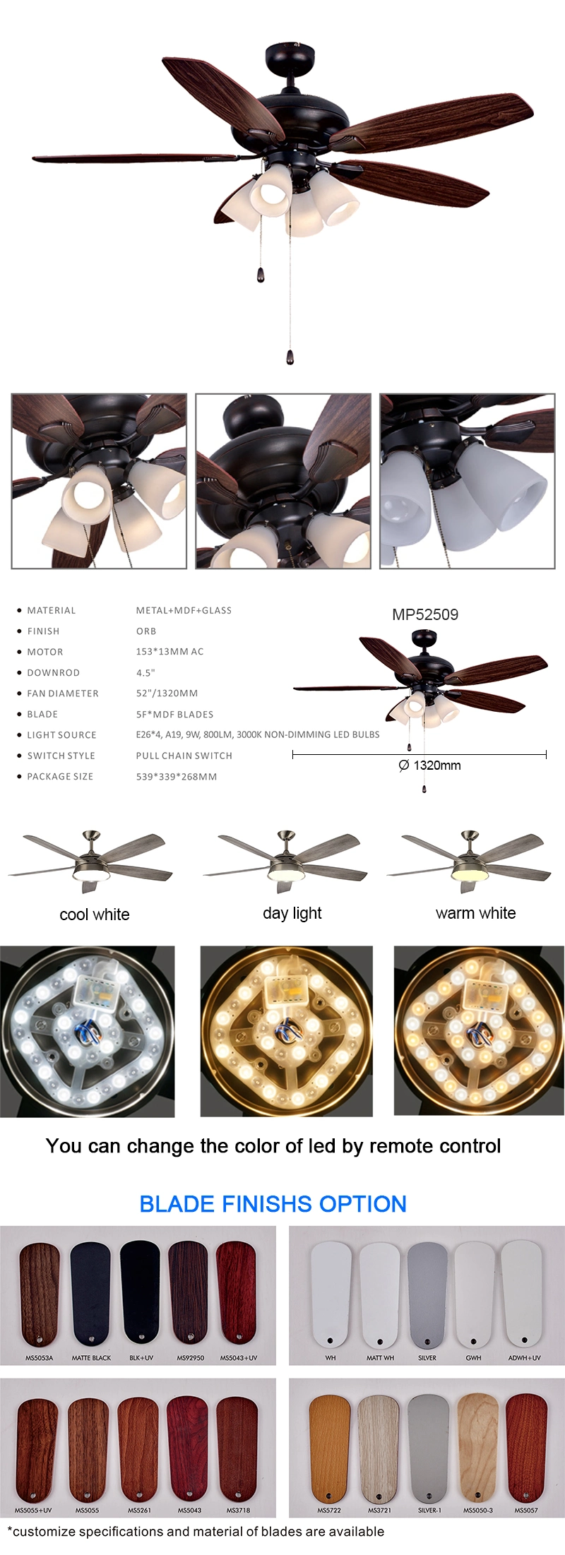 Wholesale Price Promotional 52 Inch LED Ceiling Fans with Crystal Chandeliers