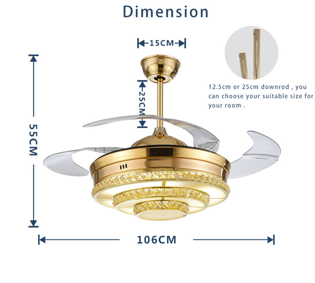 Fancy Chandeliers 42 Inch Clear Acrylic Hidden Blades Crystal Ceiling Fan with Light and Remote