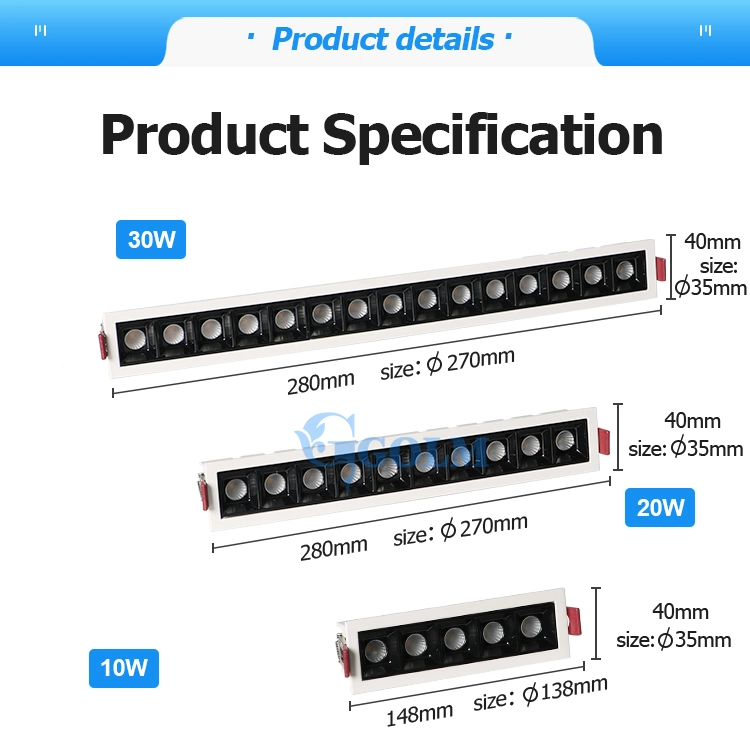 Modern Design 10W 20W 30W Ceiling Recessed Office Lighting LED Linear Downlight