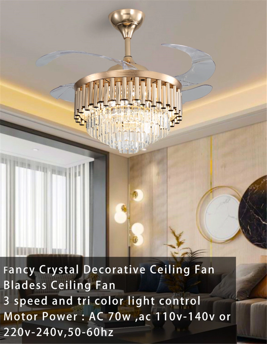 Fancy Design Silent Chandelier K9 Crystal Lampshade Decorative Lighting Ceiling Fan